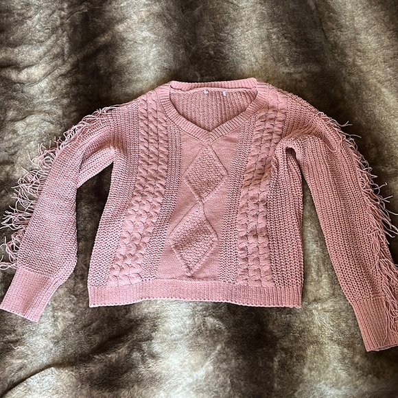 Cable knit sweater fringe XS womens v neck mauve pink fashion nova Fall Winter - Picture 2 of 5